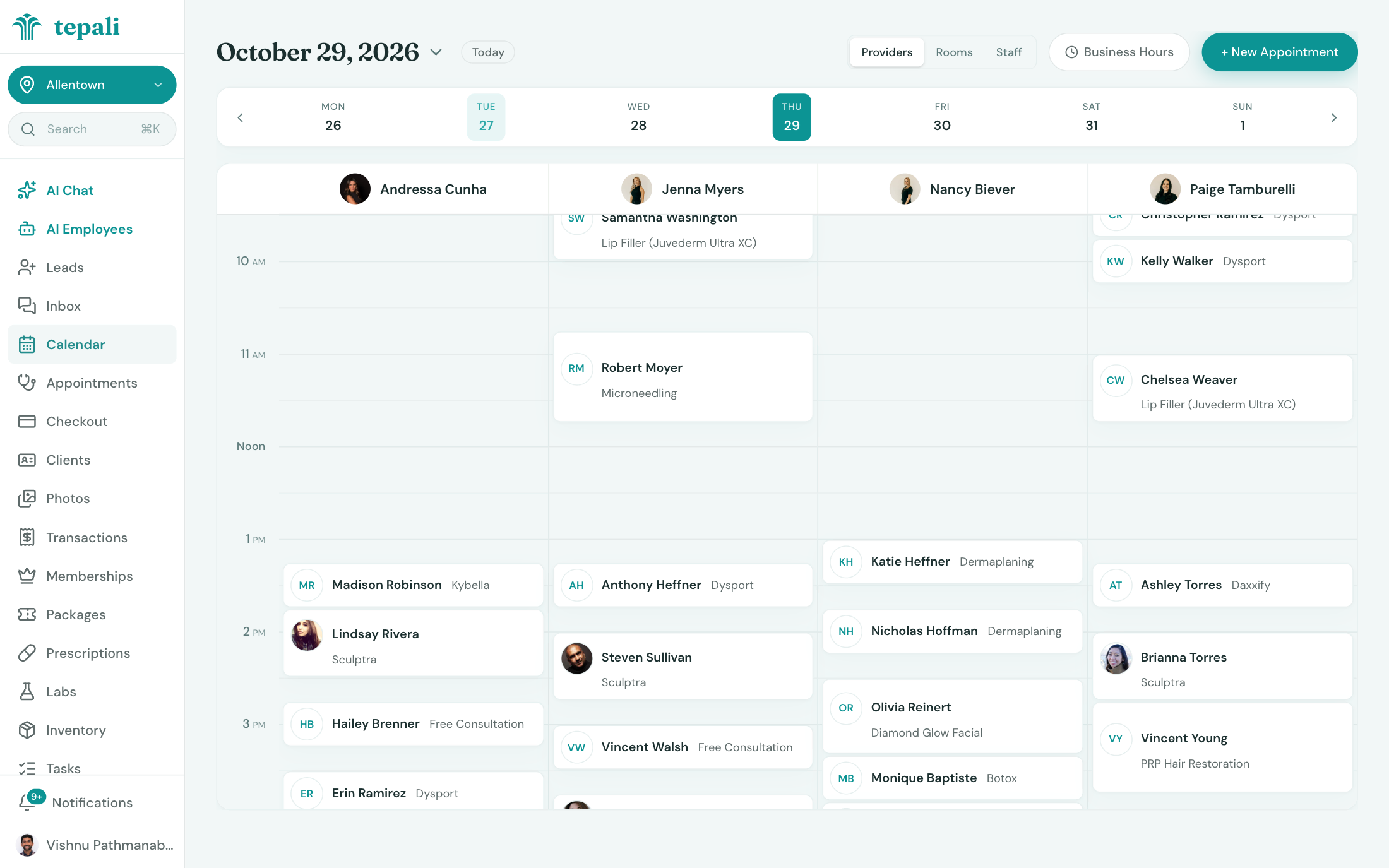 Tepali's calendar: the day's appointments across four providers